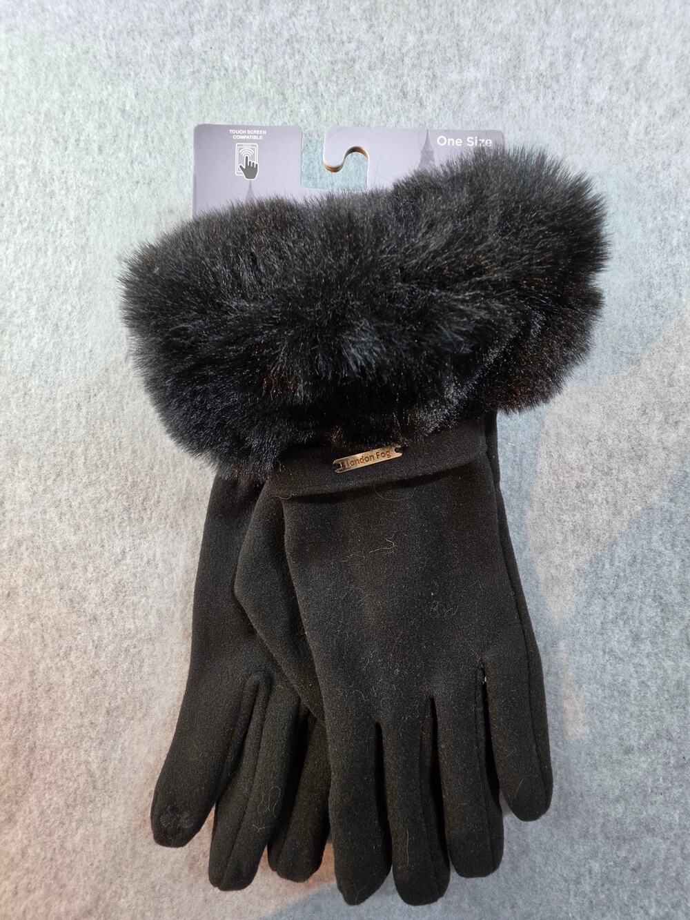NWT London Fog Black Gloves Faux Fur Cuff
